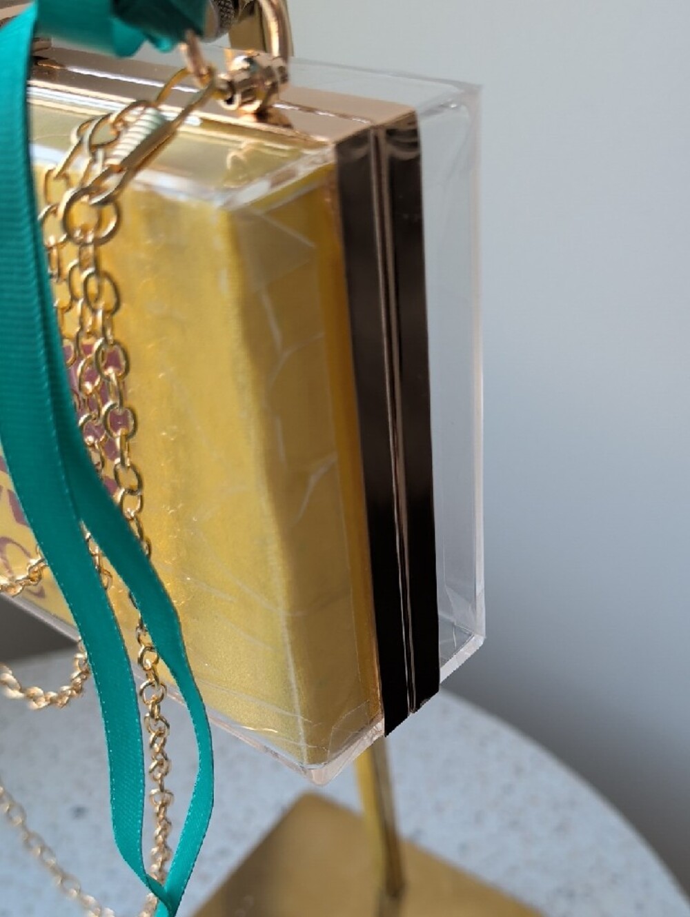 Upcycled Gucci X Adidas Yellow Box Clutch with Burgundy Logo and Teal Ribbon - Picture 4 of 10